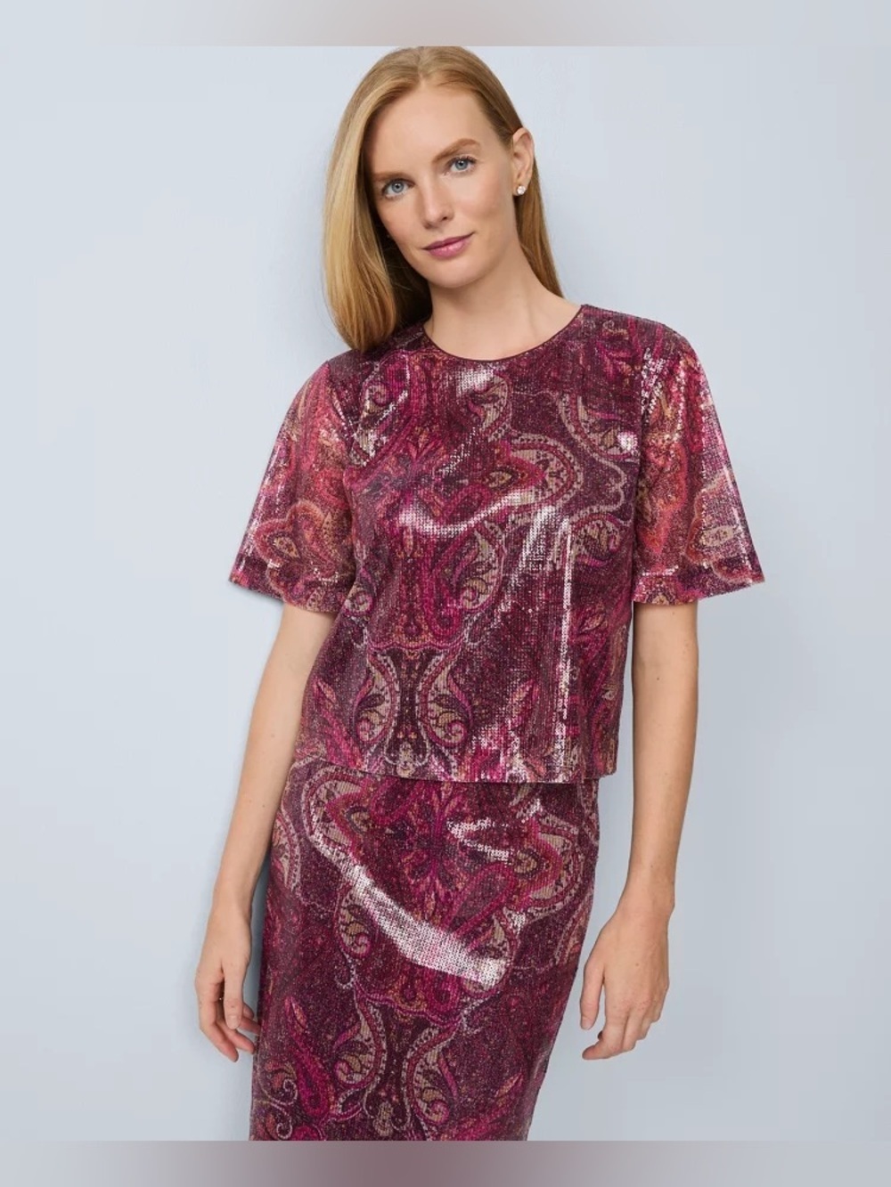 NWT Ann Taylor Poised Plum Paisley Sequin Top Large